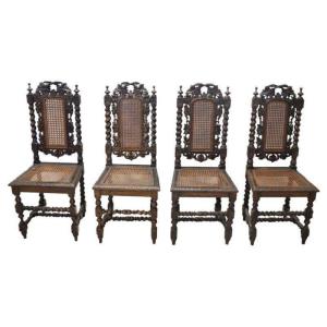 Chaises En Noyer Sculpté Avec Paille De Vienne, Fin 19ème Siècle, Set De 4