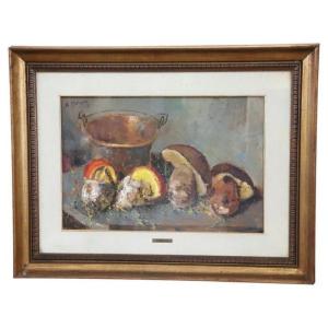 Amedeo Merello, Nature Morte Aux Champignons, 1960s, Huile Sur Panneau