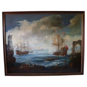 Coastal Scene With Galleons, 18th Century, Oil On Canvas