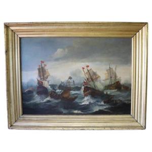 Battle Between Galleons, 19th Century, Oil On Canvas