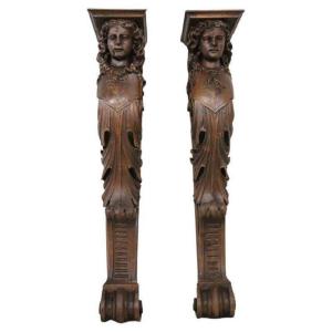 Early 20th Century Caryatid Pedestals In Carved Walnut, Set Of 2