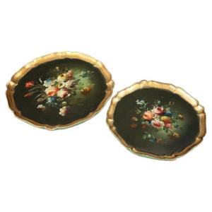 Vintage Hand Painted Wood Set Of 2 Trays