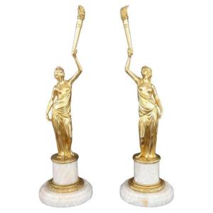 Sculptural Figures, Gilt Bronze On Alabaster Bases, Early 20th Century, Set Of 2