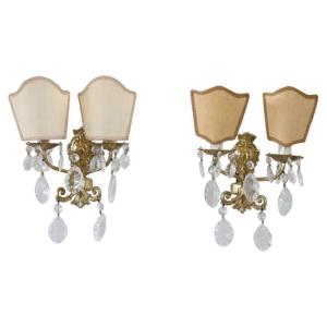 Appliques En Bronze Doré Et Cristal, 1980s, Set De 2