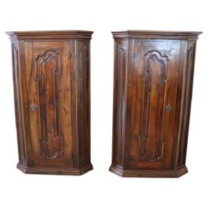 Pair Of Antique Corner Cabinets, Italy 17th Century Restored