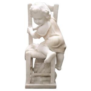 Child Gets Off Chair, 19th Century Italian Marble Sculpture, Signed