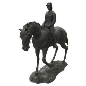 Bronze Sculpture Signed, Horse And Jockey, Height 103 Cm