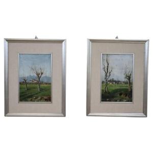 Set Of 2 Countryside Landscapes, Oil On Board, Italy Early 20th Century
