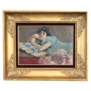 Girl Lying Down, Oil Painting On Board Signed A Villa, Italy Late 19th Century