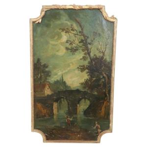 River Landscape, Oil On Canvas, Italy, 19th Century