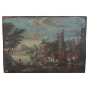 Paysage côtier, peinture à l'huile ancienne sur toile, Italie  XVIIIe siècle