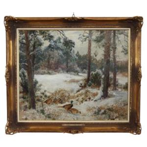 Faisans dans la neige, peinture à l'huile sur panneau, signée Wilhelm Buddenberg