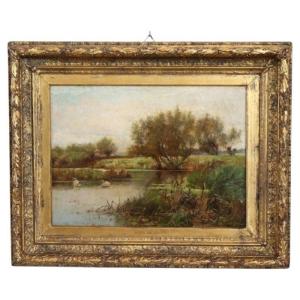 Paysage aux cygnes, peinture à l'huile sur toile, école anglaise, XIXe siècle