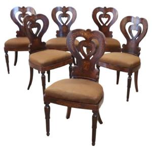 Ensemble de 6 chaises anciennes en marqueterie de noyer, Italie, XIXe siècle