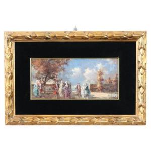 Scène galante, peinture à l'huile sur panneau signée N. Sidoli, Italie, début du XXe siècle