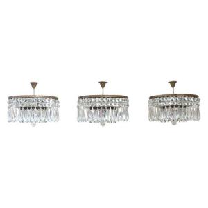 Spectacular Chandeliers With Large Crystal Drops, Italy, Early 20th Century