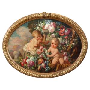 Cherubs With Flowers, Oil Painting On Board Signed, Italy, Early 20th Century