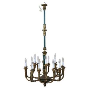 Chandelier In Gilded Bronze And Green-lacquered Metal, 18 Bulbs, Italy, Early 20th Century.