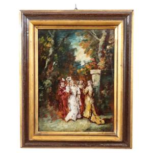 Peinture à l'huile sur bois du 19e siècle, scène galante, signée