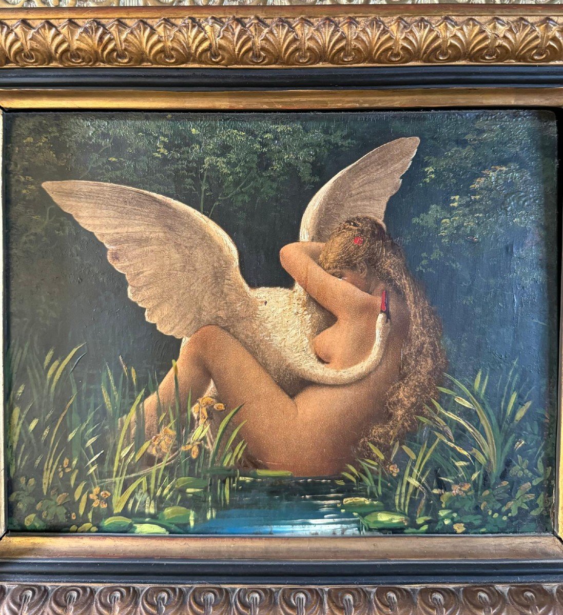Charles Sellier, Léda et le Cygne, Huile Sur Bois, Milieu XIXème. -photo-1