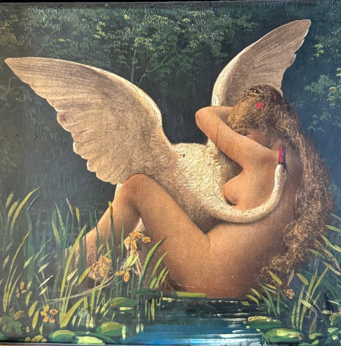 Charles Sellier, Léda et le Cygne, Huile Sur Bois, Milieu XIXème. -photo-2