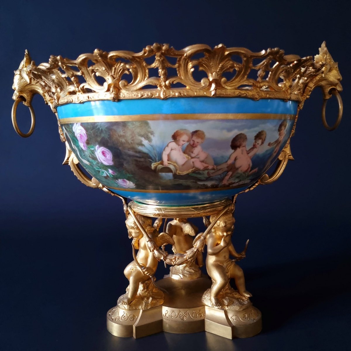 Imposante Coupe Centre De Table Louis XVI En Porcelaine Et Bronze Doré, XIXème Siècle. -photo-5