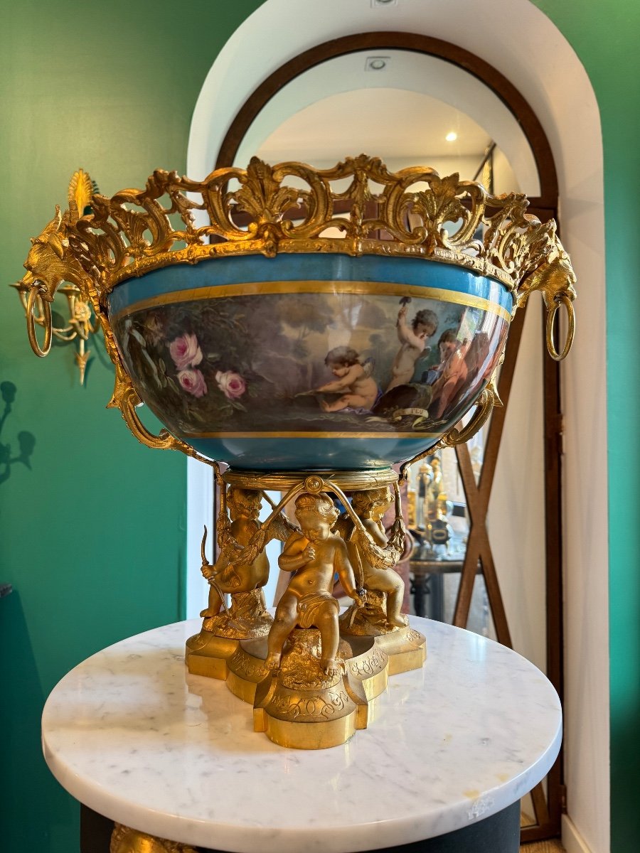 Imposante Coupe Centre De Table Louis XVI En Porcelaine Et Bronze Doré, XIXème Siècle. -photo-8