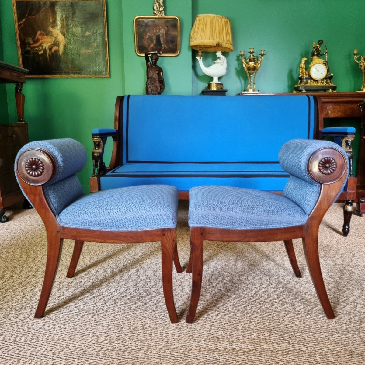 JBB DEMAY, Rare paire de Tabourets à Secrets, estampillés, Époque Directoire-Consulat. -photo-3