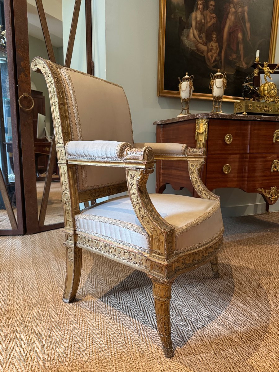 Rare Gilded Wooden Ceremonial Armchair From The Directoire-consulate Period.-photo-2