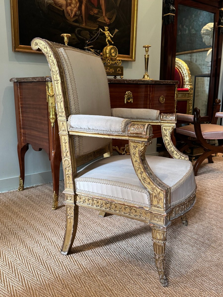 Rare Gilded Wooden Ceremonial Armchair From The Directoire-consulate Period.-photo-3