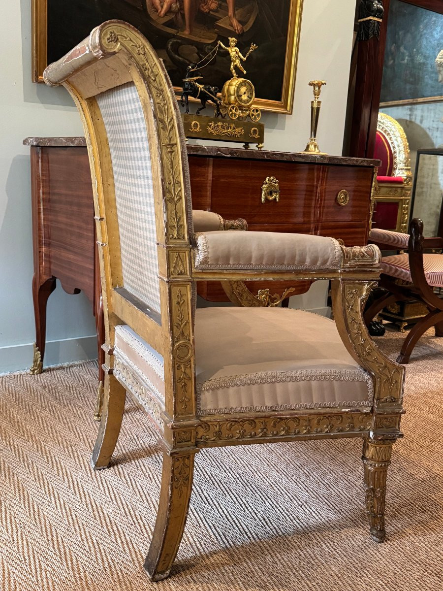 Rare Gilded Wooden Ceremonial Armchair From The Directoire-consulate Period.-photo-4