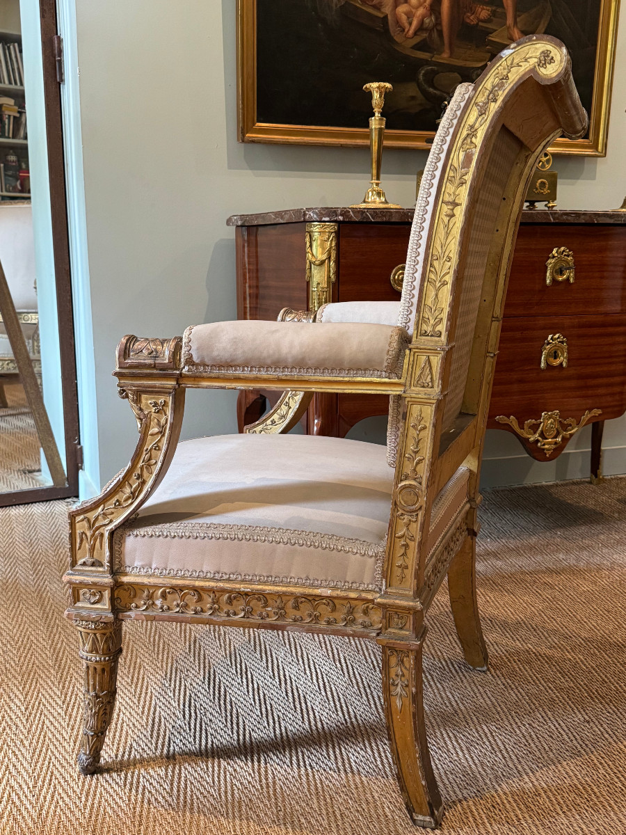 Rare Gilded Wooden Ceremonial Armchair From The Directoire-consulate Period.-photo-1