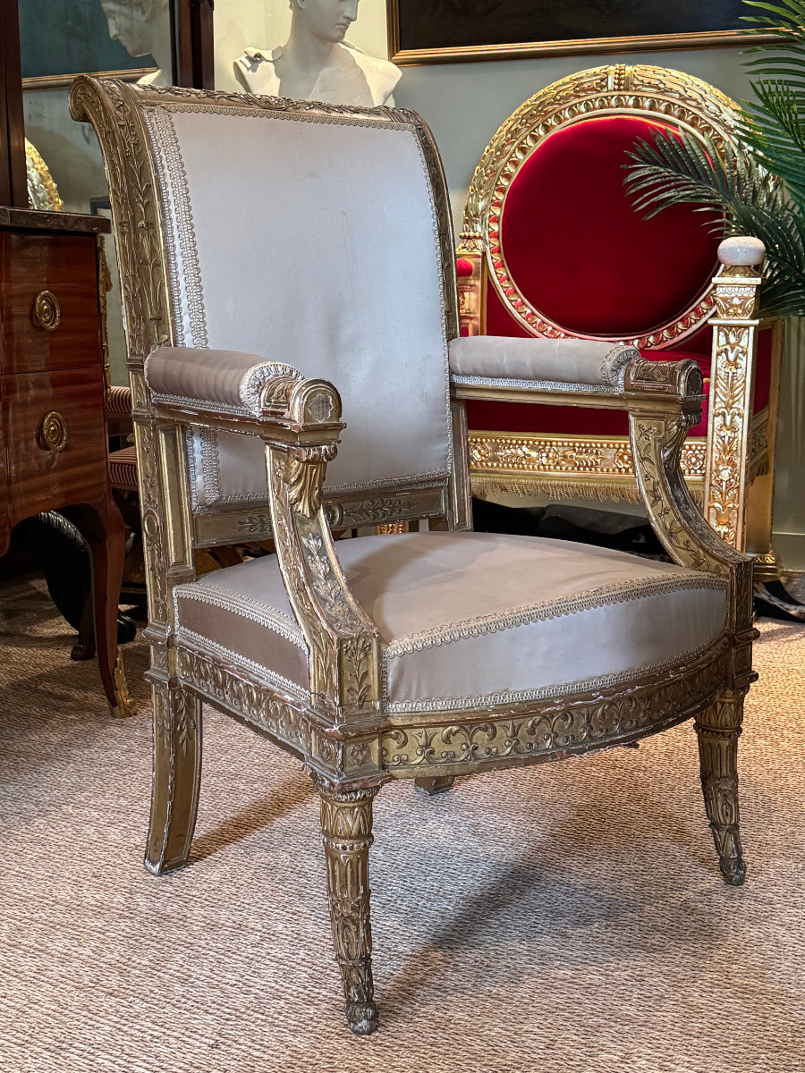 Rare Gilded Wooden Ceremonial Armchair From The Directoire-consulate Period.