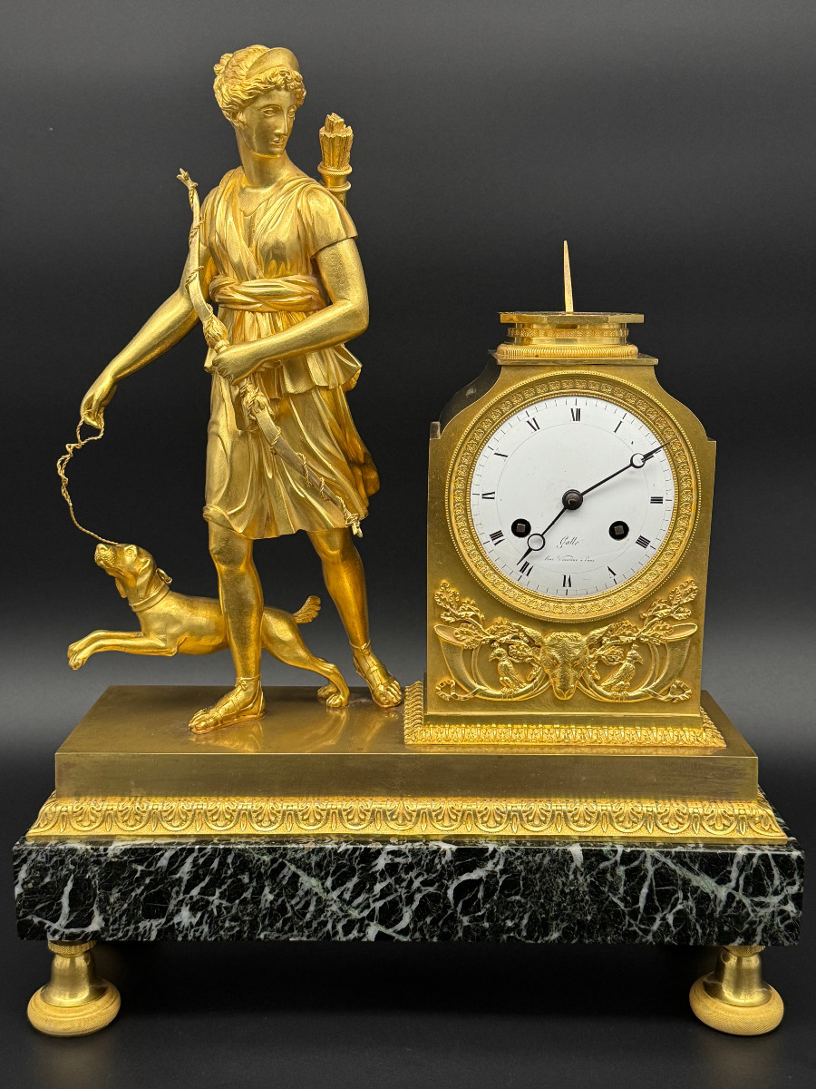 Empire Period Clock Signed Galle, Diane Chasseresse