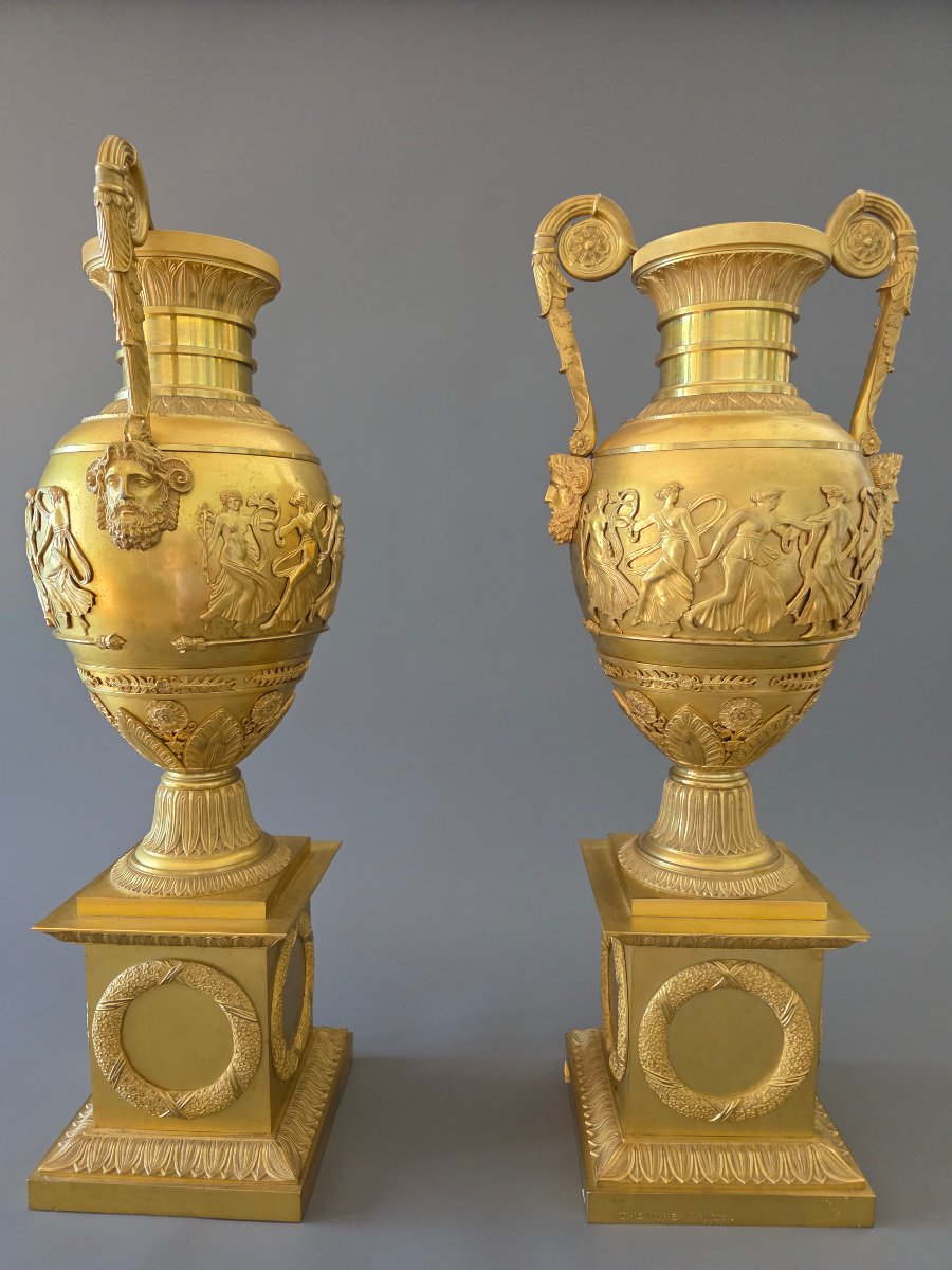 THOMIRE À PARIS, Monumentale paire de vases signés, époque Empire. -photo-2