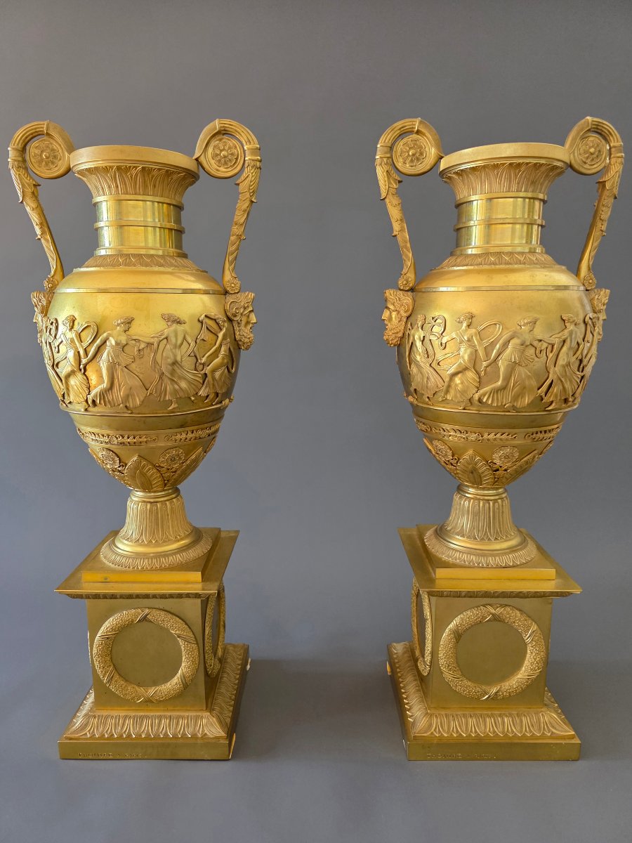 THOMIRE À PARIS, Monumentale paire de vases signés, époque Empire. 