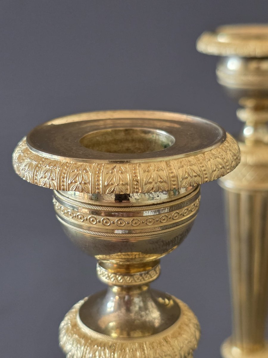 Pair Of Gilded Bronze Candlesticks From The Directoire-consulate Period. Late 18th Century. -photo-3
