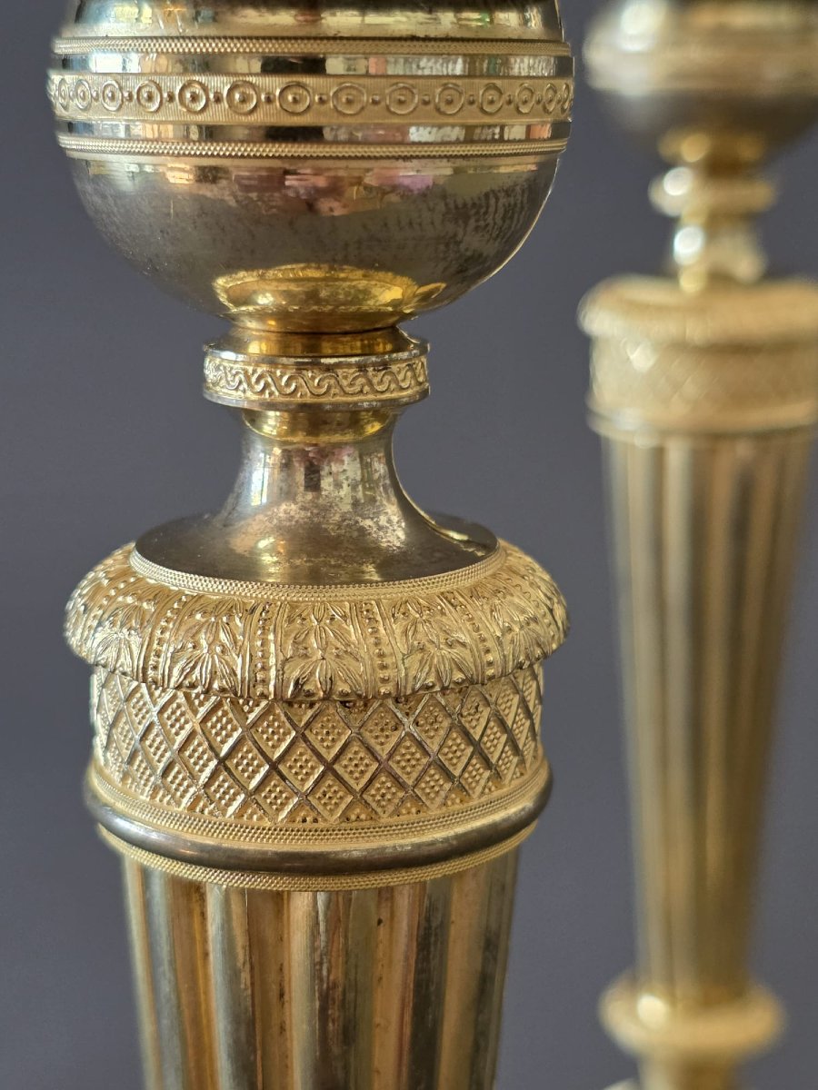 Pair Of Gilded Bronze Candlesticks From The Directoire-consulate Period. Late 18th Century. -photo-4