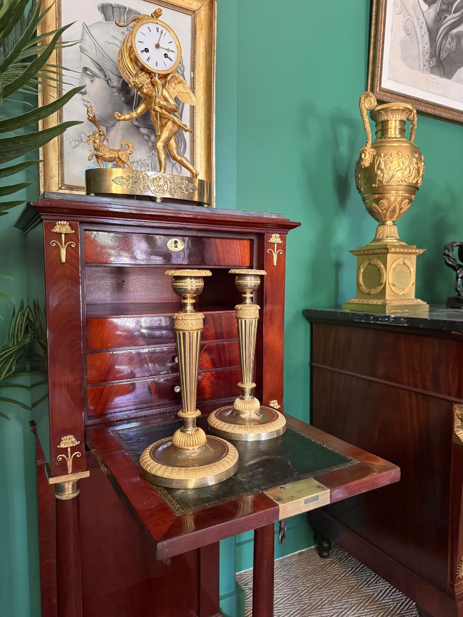 Pair Of Gilded Bronze Candlesticks From The Directoire-consulate Period. Late 18th Century. -photo-6