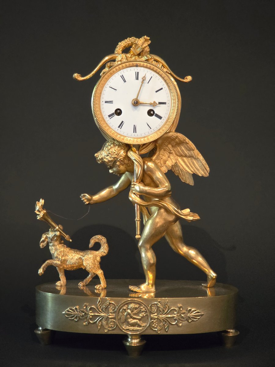 Pendule à "L'Amour aveugle", attribuée à Deverberie, époque Empire. 