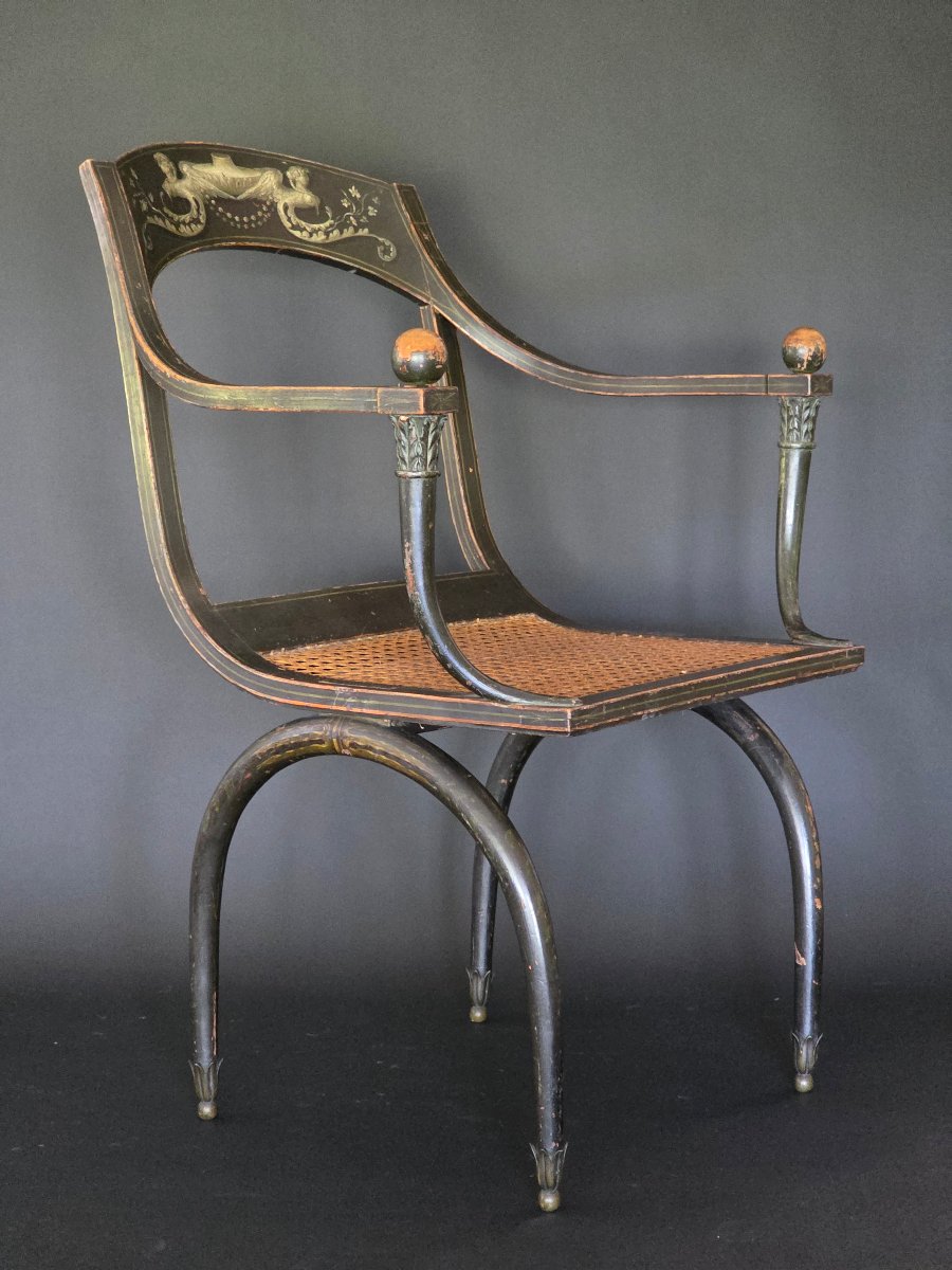 Etruscan Armchair From The Consulate-empire Period, Stamped "chapuis." Late 18th Century. -photo-3