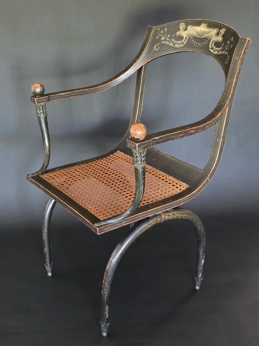 Etruscan Armchair From The Consulate-empire Period, Stamped "chapuis." Late 18th Century. -photo-4