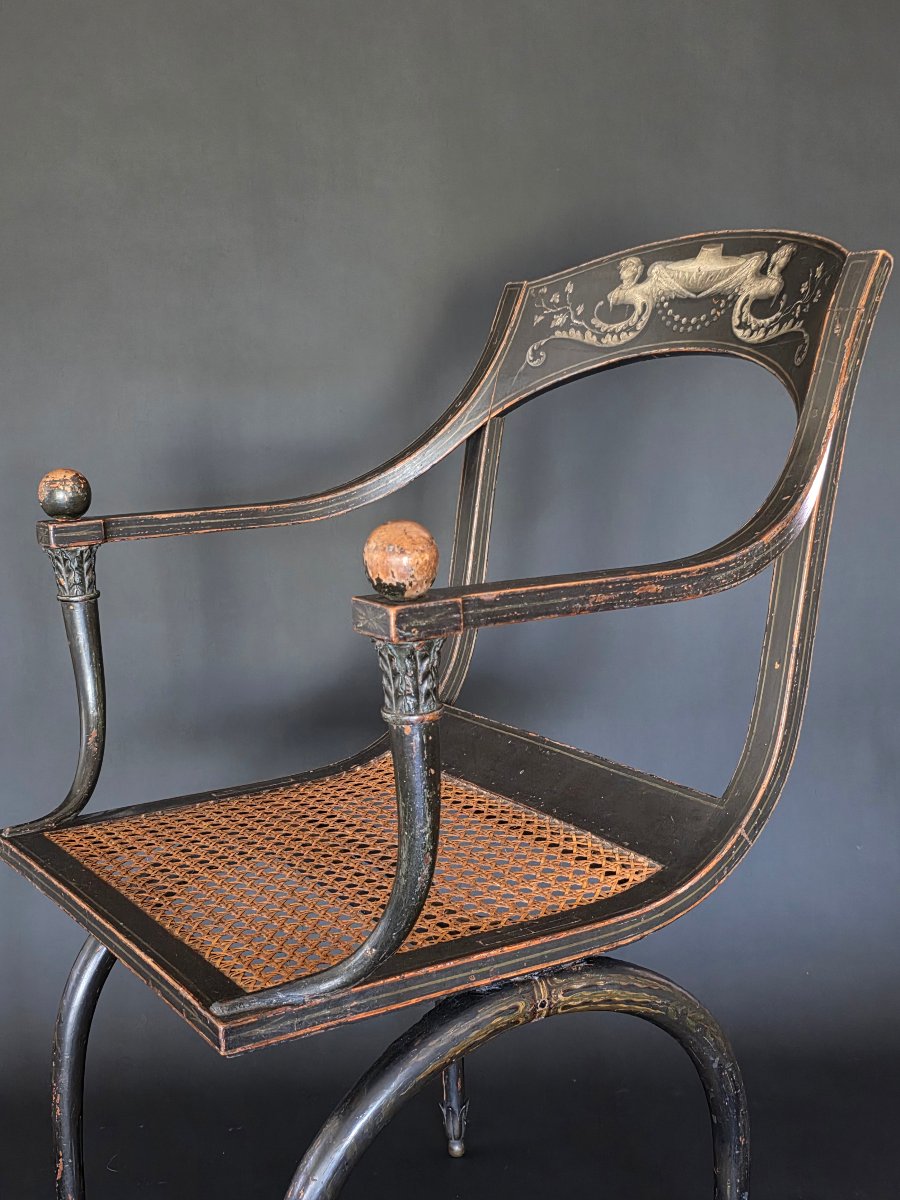 Etruscan Armchair From The Consulate-empire Period, Stamped "chapuis." Late 18th Century. -photo-5