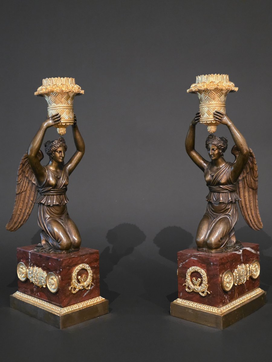 Pierre Chiboust, Pair Of Candlesticks Signed With Winged Victory Figures, Empire Period.-photo-2