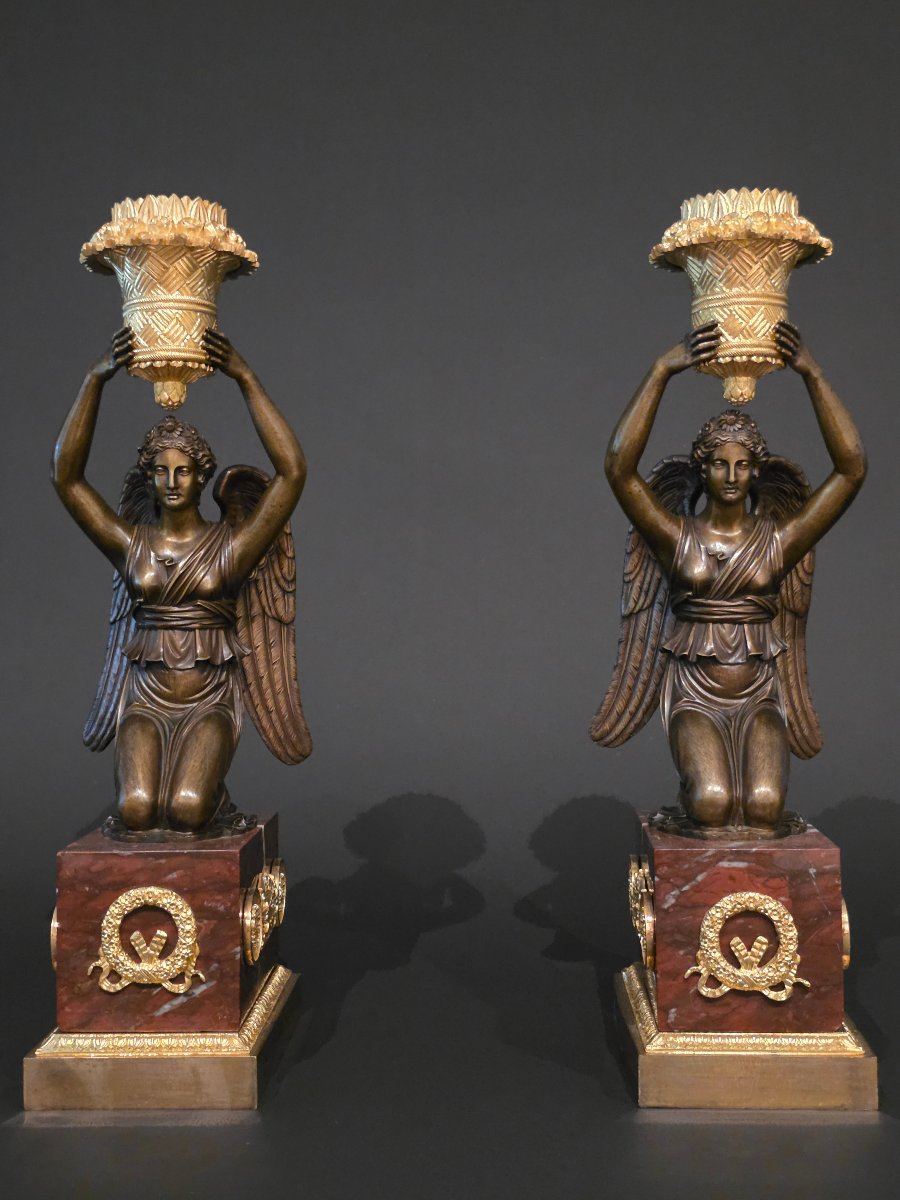 Pierre Chiboust, Pair Of Candlesticks Signed With Winged Victory Figures, Empire Period.-photo-3