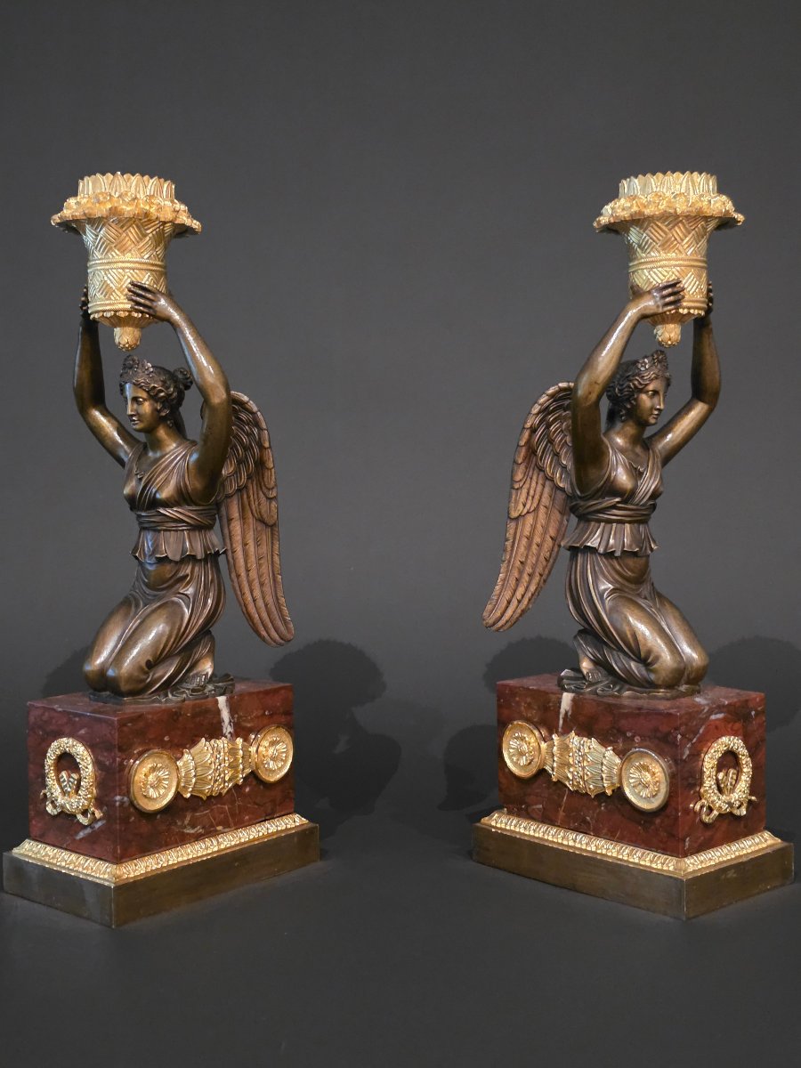Pierre Chiboust, Pair Of Candlesticks Signed With Winged Victory Figures, Empire Period.-photo-4