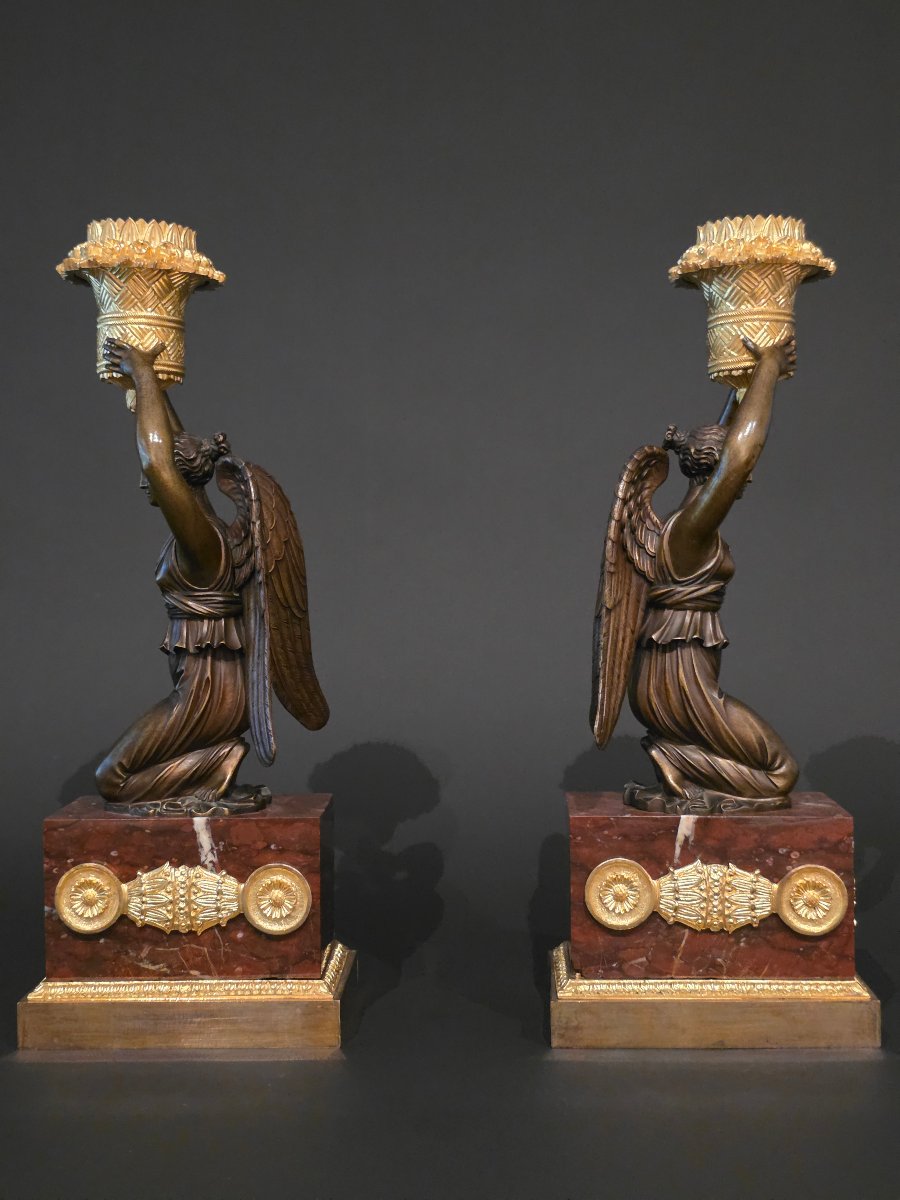 Pierre Chiboust, Pair Of Candlesticks Signed With Winged Victory Figures, Empire Period.-photo-1