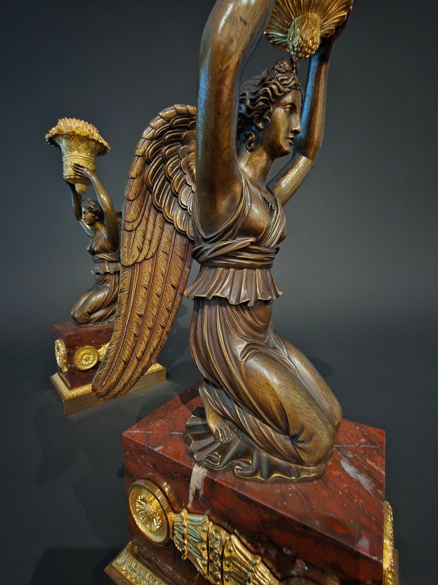 Pierre Chiboust, Pair Of Candlesticks Signed With Winged Victory Figures, Empire Period.-photo-4