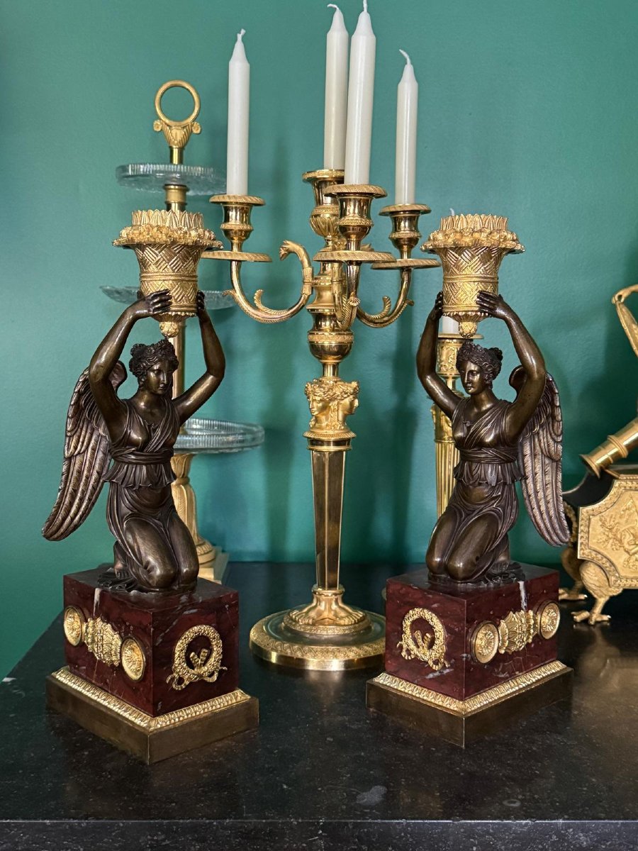 Pierre Chiboust, Pair Of Candlesticks Signed With Winged Victory Figures, Empire Period.-photo-7