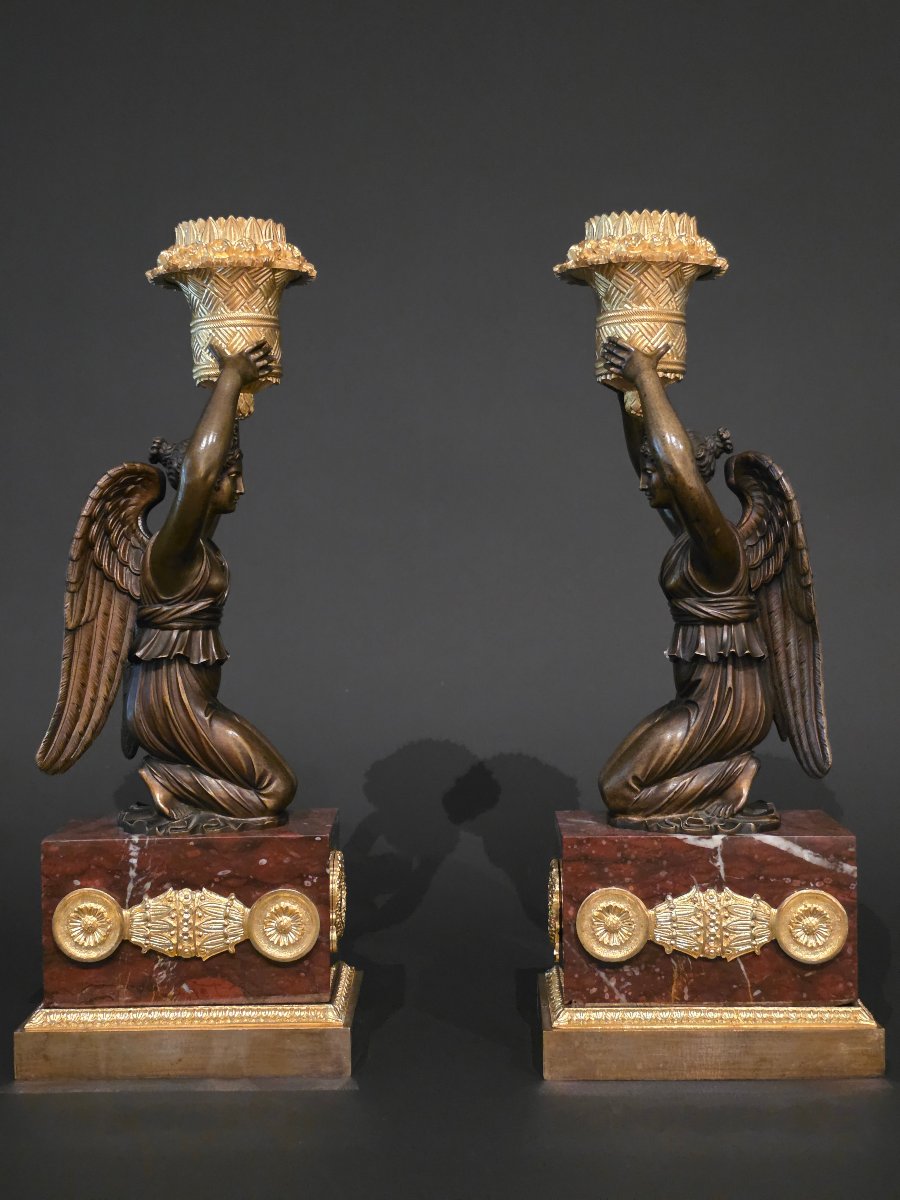 Pierre Chiboust, Pair Of Candlesticks Signed With Winged Victory Figures, Empire Period.